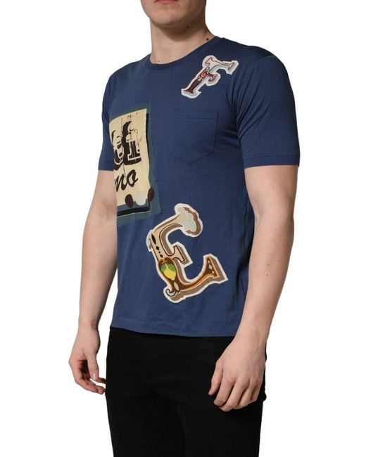 Dolce & Gabbana Navy Blue Cotton Graphic Crew Neck T for men