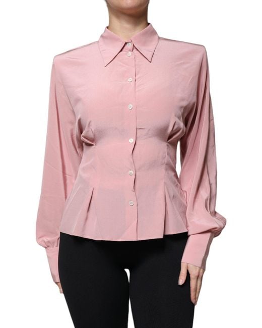 Dolce & Gabbana Pink Cotton Long Sleeves Collared Blouse Top