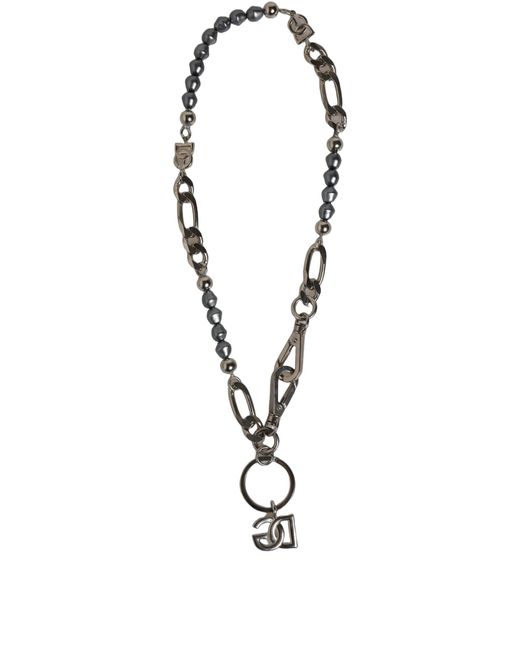 Dolce & Gabbana White Tone Chain Signature Dg Logo Pendant Necklace Brass