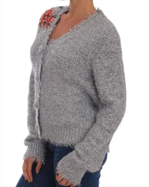 Dolce & Gabbana Gray Dolce Gabbana Silver Cardigan Floral Applique Sweater