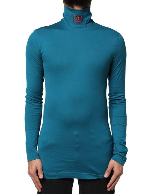 Dolce & Gabbana Blue Cotton Turtleneck Long Sleeves Sweater for men