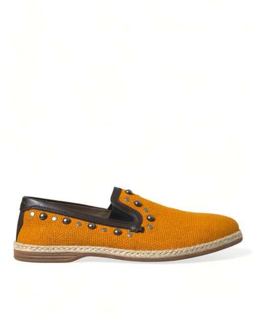 Dolce & Gabbana Orange Linen Leather Studded Loafers Shoes for men