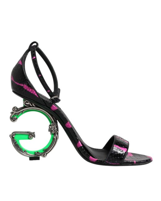 Dolce & Gabbana Metallic Black Fuchsia Leather Dg Heels Sandals Shoes