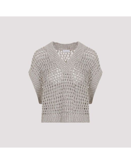 Brunello Cucinelli Gray Grey 3d Diamond Net Silk Sweater