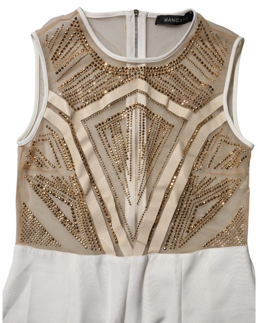 Mangano White Beige Mesh Crystal Embellished Sleeveless Jumpsuit