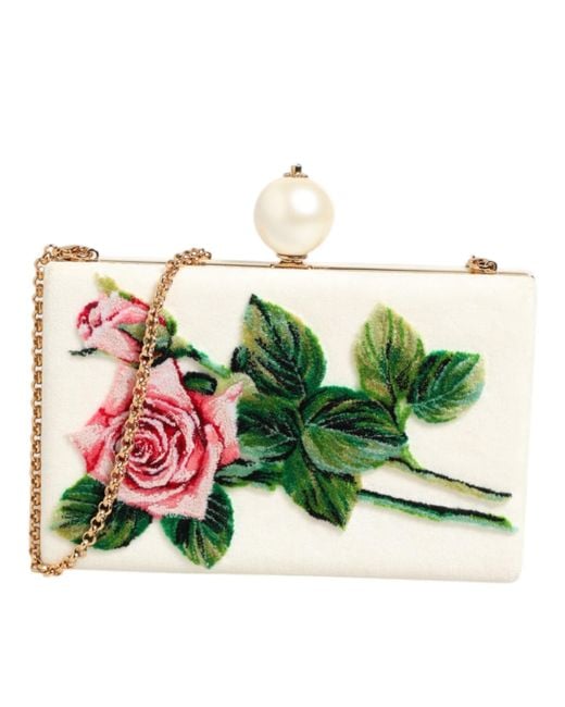 Dolce & Gabbana Green White Rose Embroidery Silk Gold Frame Clutch Purse Bag
