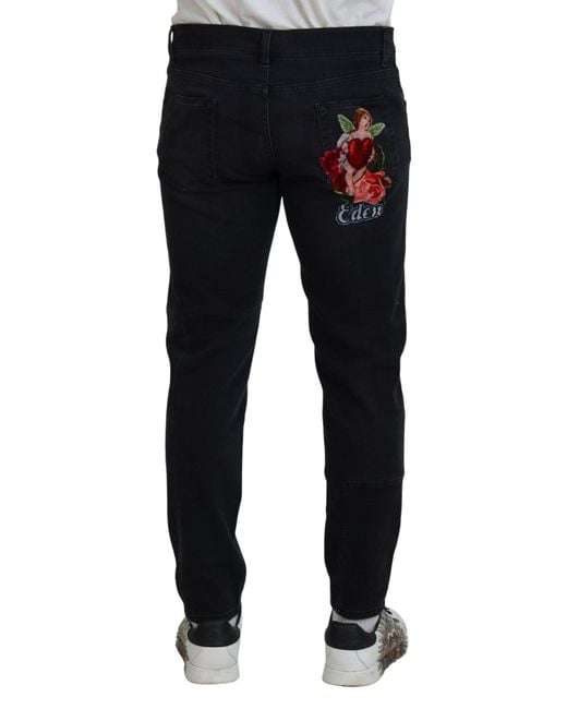 Dolce & Gabbana Black Angel Embroidery Skinny Denim Jeans for men
