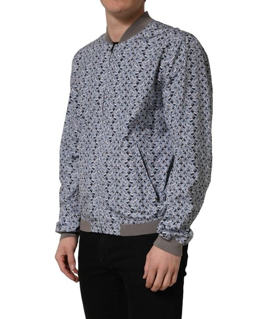 Dolce & Gabbana Gray Light Blue Cotton Car Print Bomber Jacket for men
