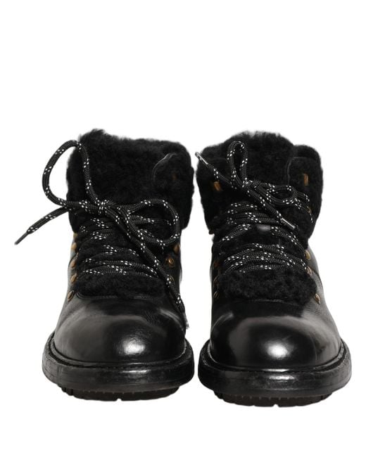 Dolce & Gabbana Black Trekking Fur Lace Leather Boots Shoes for men