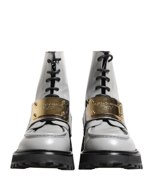 Dolce & Gabbana Gray Leather Logo Plaque Ankle Boots Shoes for men