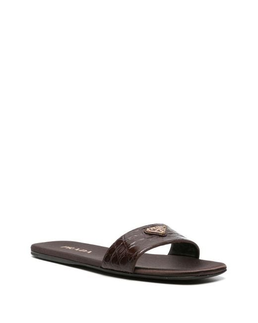 Prada Brown Triangle-Logo Embossed-Crocodile Slides