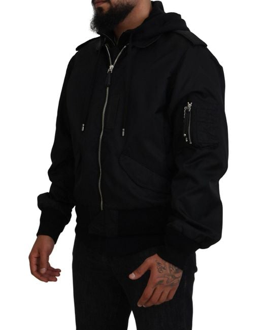 Dolce & Gabbana Black Nylon Hooded Full Zip Coat Jacket for men