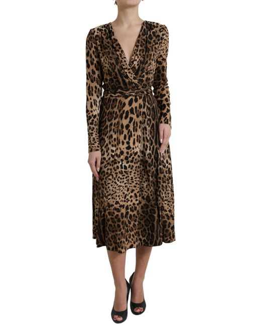 Dolce & Gabbana Natural Brown Leopard Print Wrap Effect Midi Dress