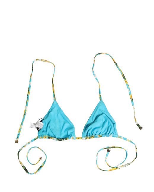 Dolce & Gabbana Blue Floral Print Nylon Halter Bikini Top Swimwear