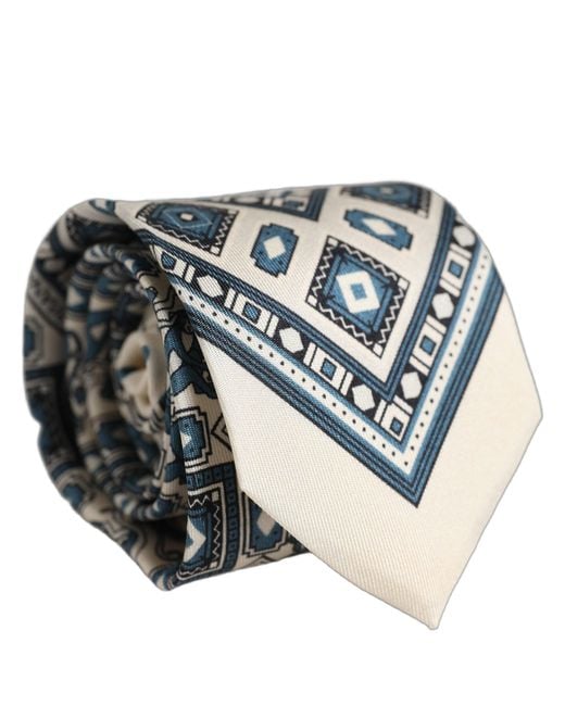 Dolce & Gabbana Natural Men Off White Blue Geometric Adjustable Tied Necktie Tie for men