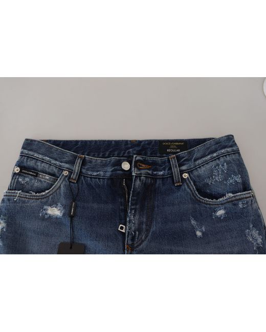 Dolce & Gabbana Blue Cotton Tattered Denim Jeans for men