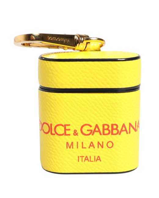Dolce & Gabbana White Yellow Calf Leather Logo Flip Holder Strap Airpods Case
