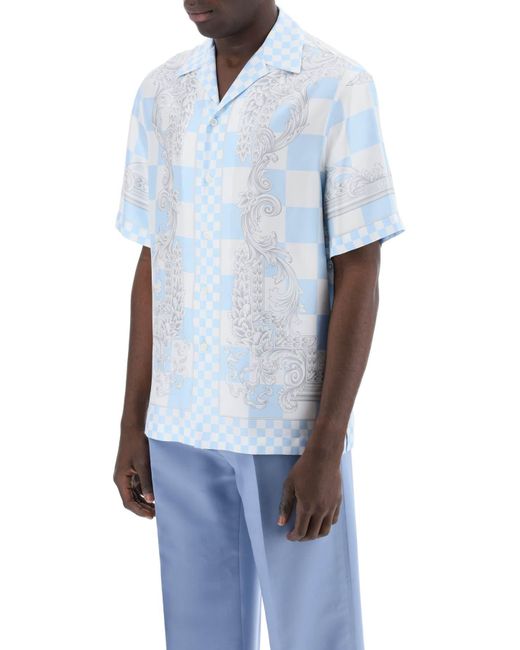 Versace Blue Printed Silk Bowling Shirt In Eight for men