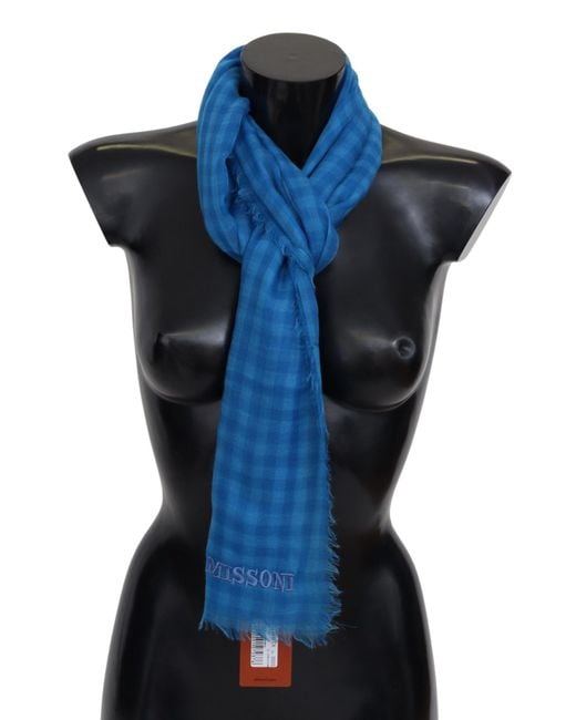 Missoni Blue Checkered Cashmere Wrap Fringes Scarf