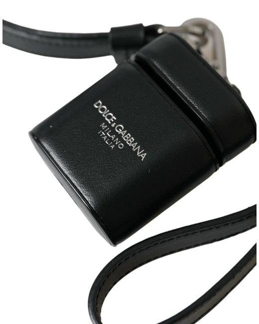 Dolce & Gabbana Black Leather Strap Silver Metal Logo Printed Airpods Case for men