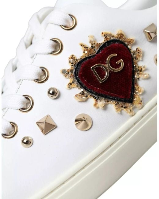 Dolce & Gabbana Multicolor White Leather Gold Red Heart Sneakers Shoes for men