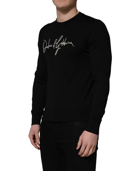 Dolce & Gabbana Black Embroidered Logo Crew Neck Pullover Sweater Virgin Wool Clothing for men