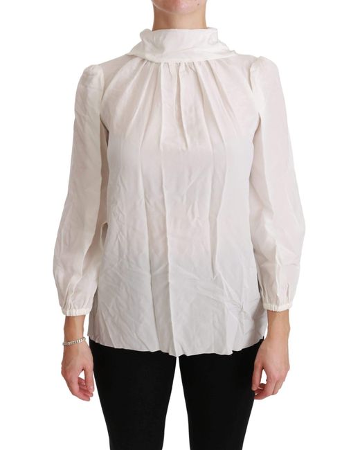 Dolce & Gabbana Gray White Turtle Neck Blouse Shirt Silk Top