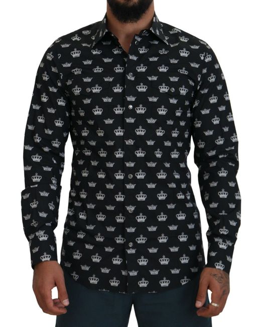 Dolce & Gabbana Black Crown Print Gold Slim Shirt for men