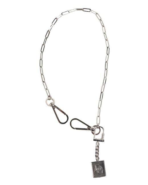 Dolce & Gabbana White Tone Metal Chain Dg Logo Pendant Necklace for men
