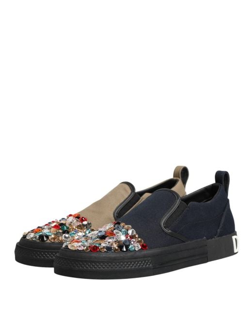 Dolce & Gabbana Black Blue Canvas Embellished Slip On Men Sneakers Shoes for men