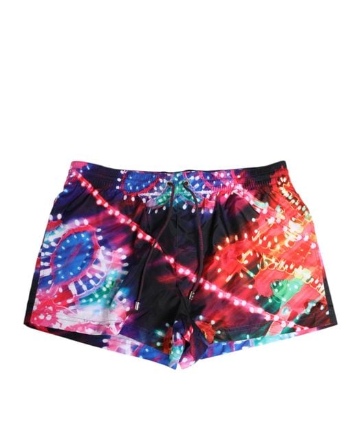 Dolce & Gabbana Red Multicolor Neon Print Polyester Shorts Swimwear