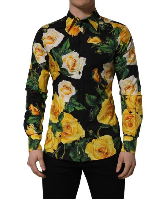 Dolce & Gabbana Black Floral Stretch Cotton Sicilia Fit Dress Shirt for men