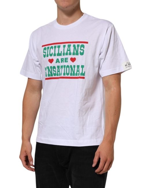 Dolce & Gabbana White Graphic Print Cotton Crew Neck T for men