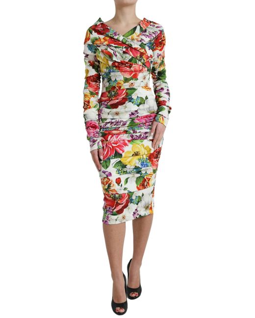 Dolce & Gabbana Red Multicolor Floral Sheath Midi Silk Dress
