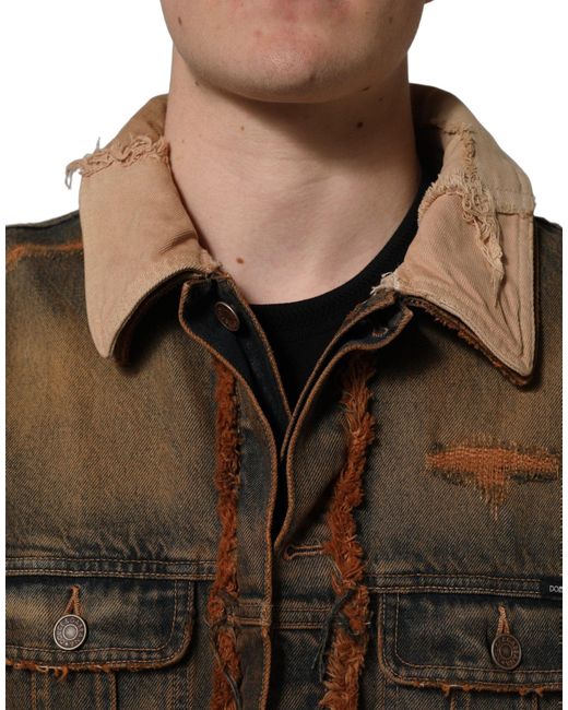 Dolce & Gabbana Brown Multicolor Raw Cut Panelled Denim Men Jacket for men