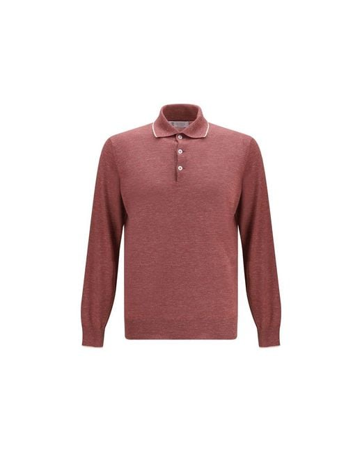 Brunello Cucinelli Red Bordeaux Cashmere Polo Shirt for men