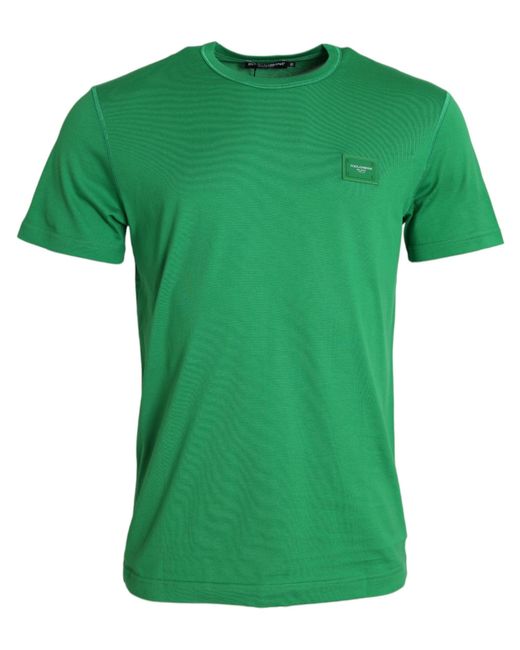 Dolce & Gabbana Green Logo Patch Cotton Crew Neck T-Shirt for men