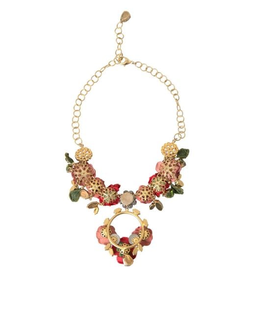 Dolce & Gabbana White Brass Link Chain Rose Petal Crystal Pendant Necklace