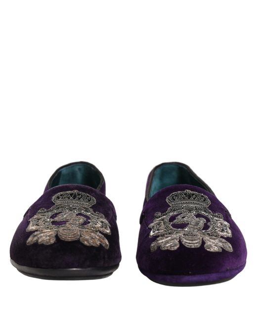 Dolce & Gabbana Blue Purple Velvet Crown Embroidery Loafers Shoes for men