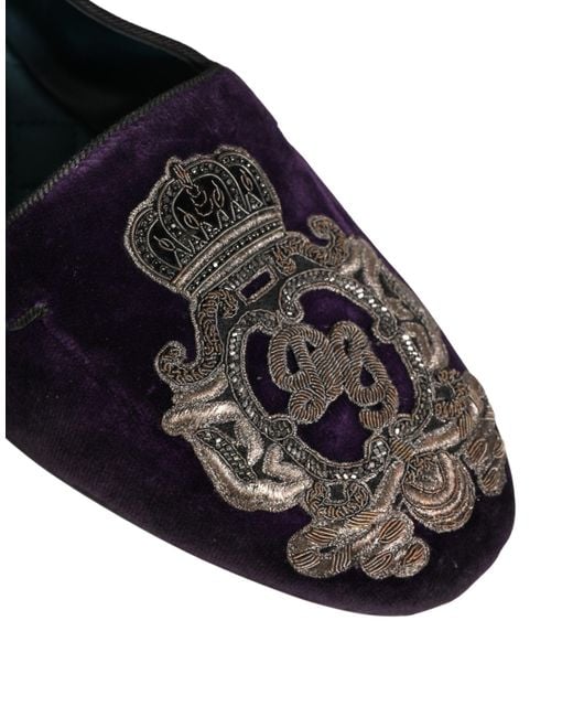 Dolce & Gabbana Blue Purple Velvet Crown Embroidery Loafers Shoes for men
