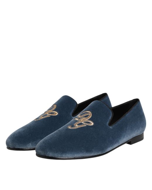 Dolce & Gabbana Blue Velvet Dg Logo Loafers Formal Shoes for men