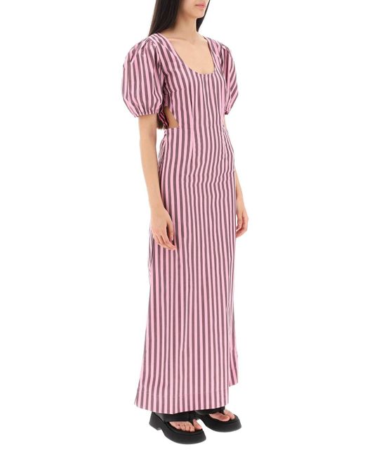 Ganni Purple Striped Cut-out Organic Cotton Dress
