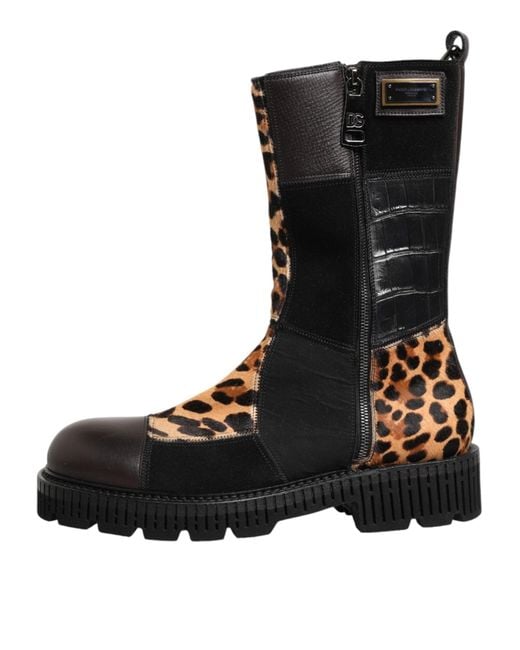 Dolce & Gabbana Black Multicolor Leopard Mid Calf Boots Shoes for men
