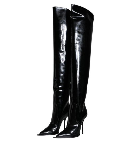Dolce & Gabbana Black Patent Leather Knee High Boots Shoes (Pre-Owned)
