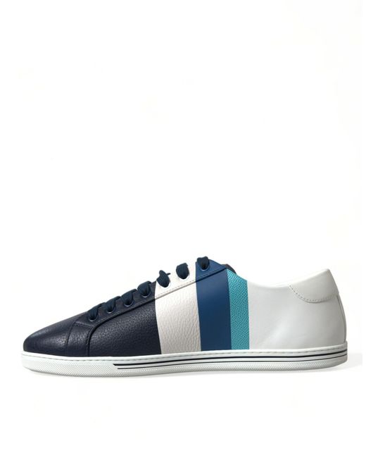 Dolce & Gabbana White Blue Leather Low Top Sneakers Shoes for men