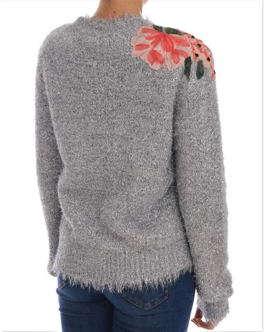 Dolce & Gabbana Gray Dolce Gabbana Silver Cardigan Floral Applique Sweater