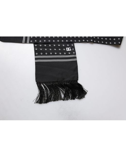 Dolce & Gabbana Black Polka Dotted Silk Skinny Fringes Scarf for men