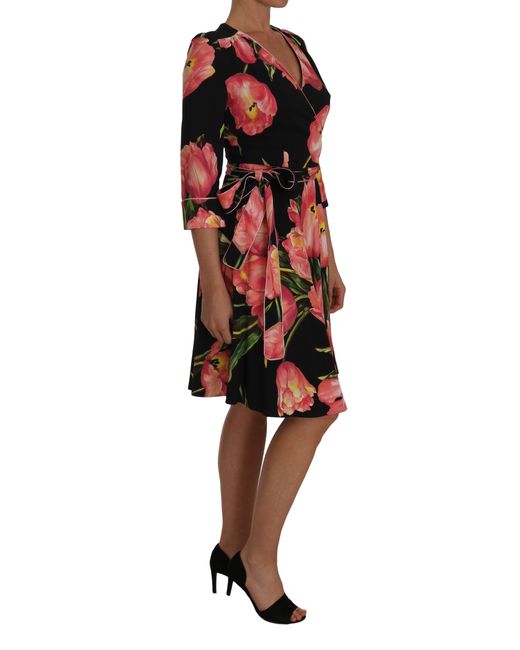 Dolce & Gabbana Black Tulip Print Stretch Shift Dress