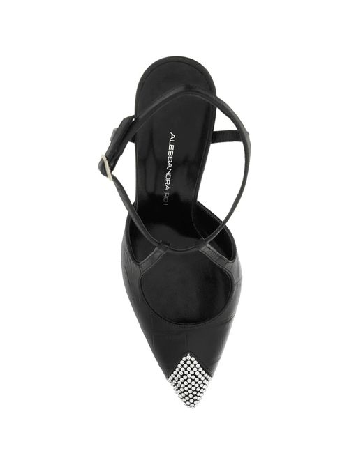 Alessandra Rich Black Leather Slingback Pumps With Crystal Point