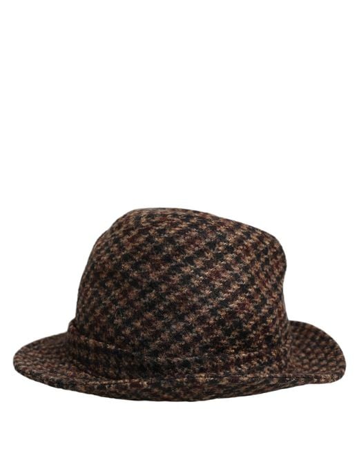 Dolce & Gabbana Black Brown Checkered Wool Tweed Fedora Capello Hats